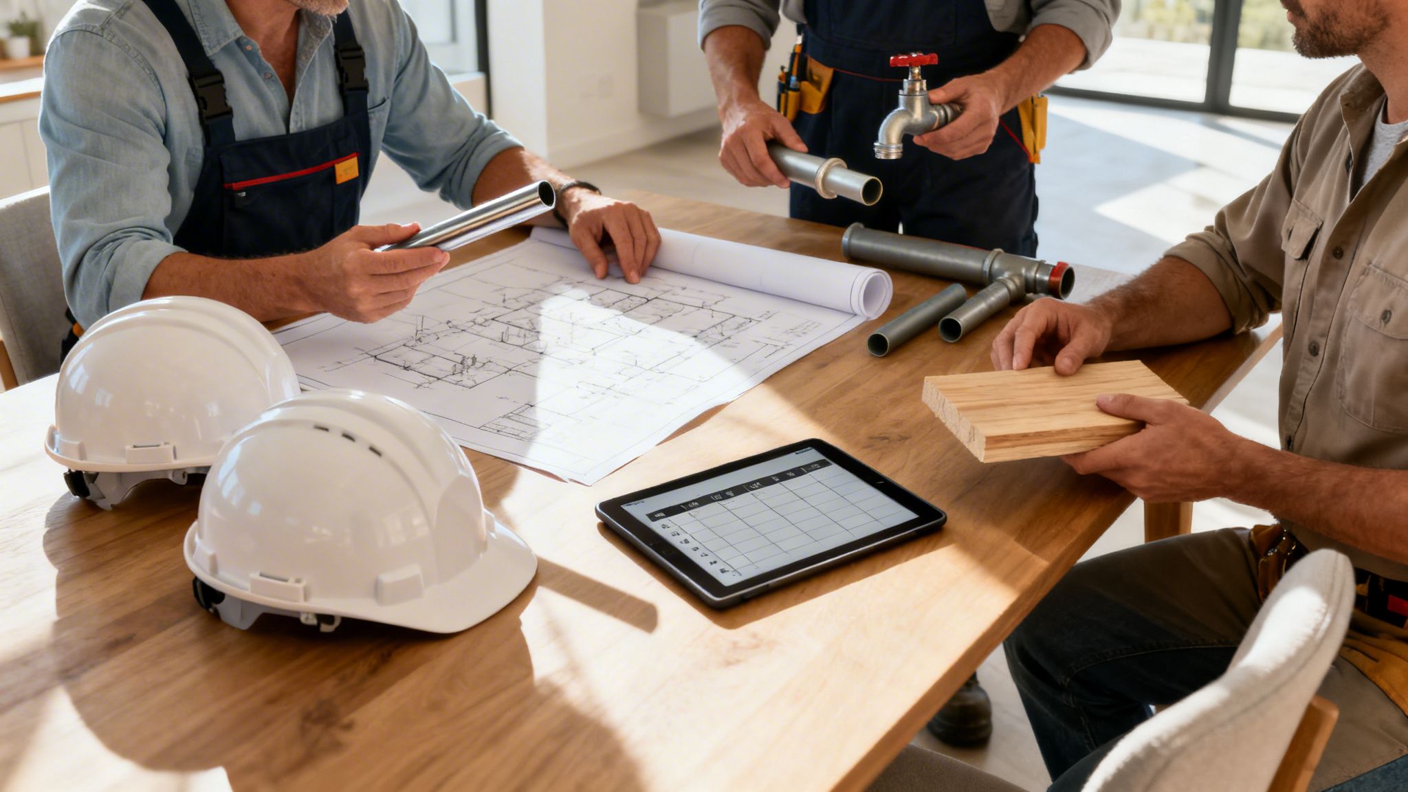 Three contractors reviewing blueprints, pipes, hard hats, and a tablet for a house renovation.