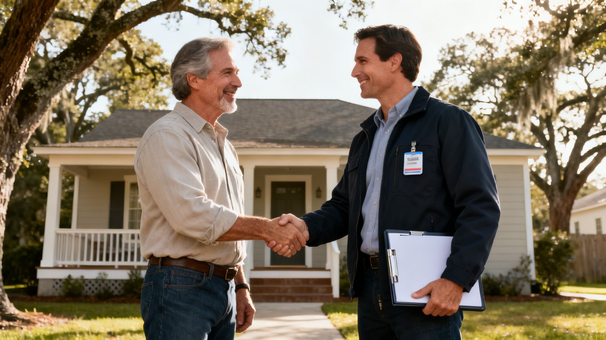 Smiling homeowner shaking hands with a service technician holding a clipboard outside a house.